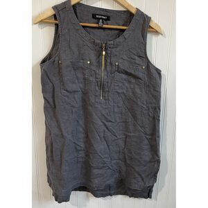 Ellen Tracy Shirt‎ Womens Medium Gray Linen Top 1/4 Gold Zip Tunic Pockets Hi Lo